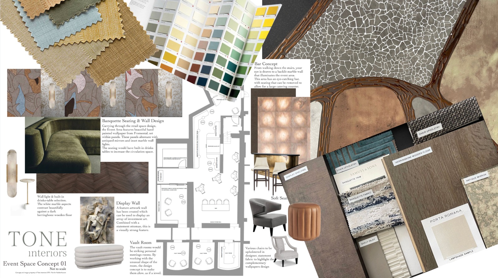 Tone Interiors designer&rsquo;s desk view &mdash; fabric samples, paint colour fan, wallpaper and marble materials, bar and banquette seating concept renders, floor plan, and the Tone Interiors wordmark